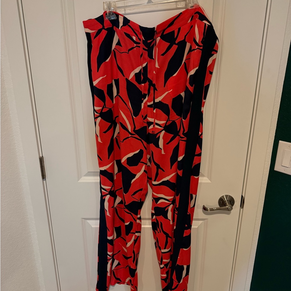 M&S Red & Blue Floral Print Wide-Leg Pants Sz UK 20 Long